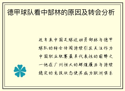 德甲球队看中郜林的原因及转会分析
